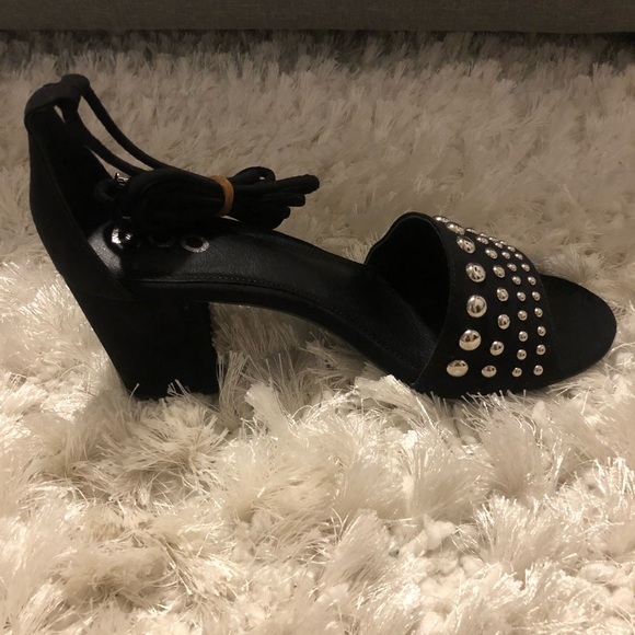 Lace Up Black Faux Suede Mid Block Heels - Picture 5 of 7